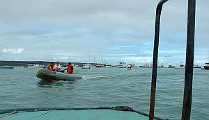 On the water taxi, in the middle of the harbor at Puerto Ayora, heading to our boat, the Maverick.